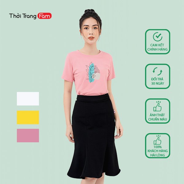 Áo phông nữ chất cotton mát lịm mềm mịn co giãn 4 chiều Form vừa trẻ trung năng động in họa tiết lá - thương hiệu Fam
