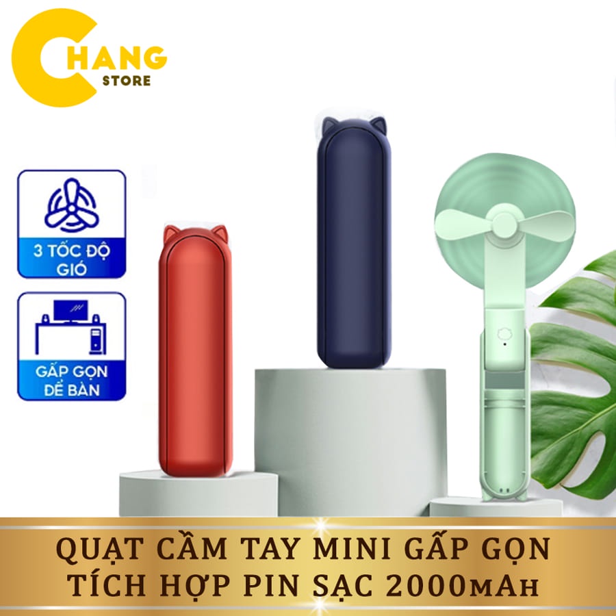 Quạt Mini Cầm Tay Gấp Gọn Tích Hợp Pin Sạc Dự Phòng Điện Thoại Dung Lượng Pin 2000mAh USB Đa Năng Có Đế Để Bàn