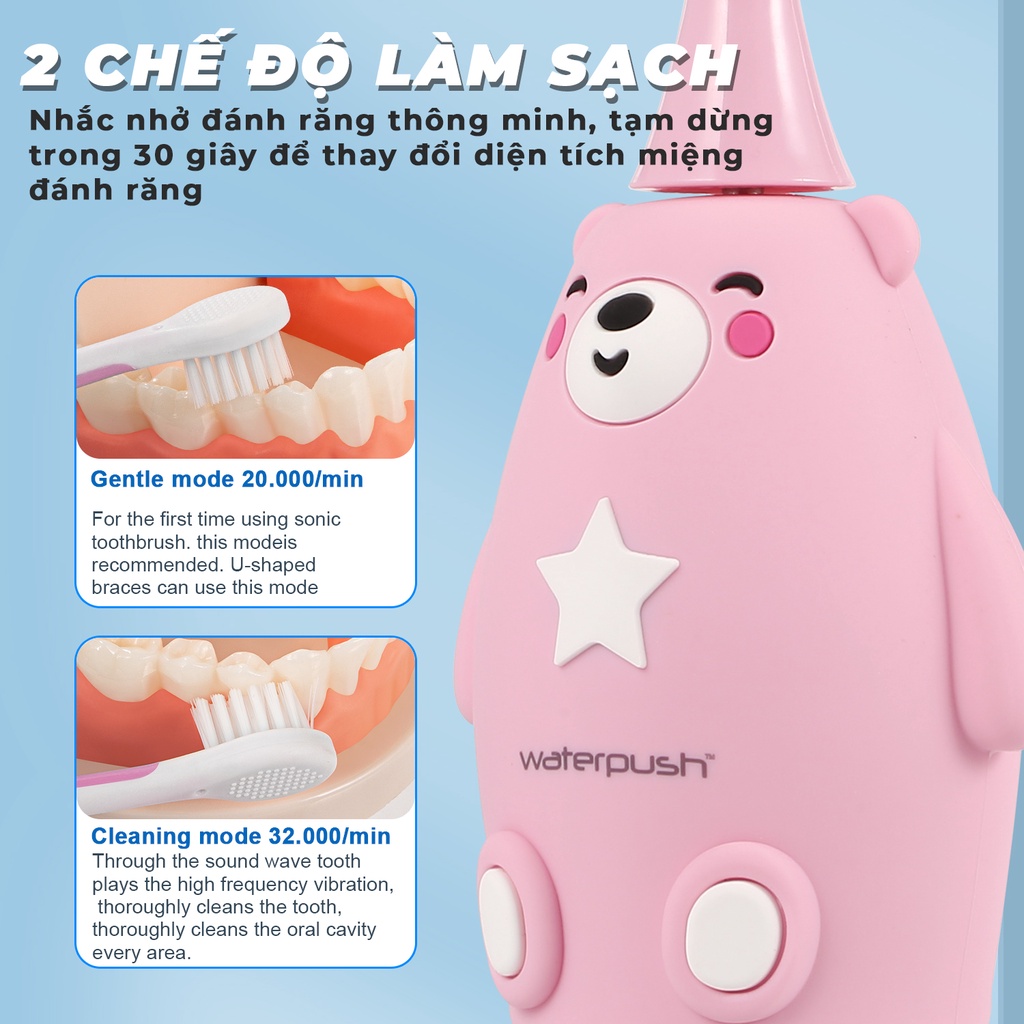Bàn chải điện trẻ em cao cấp WaterPush, bàn chải đánh răng đầu chữ U siêu mềm và đầu bàn chải siêu mảnh giúp bé làm sạch