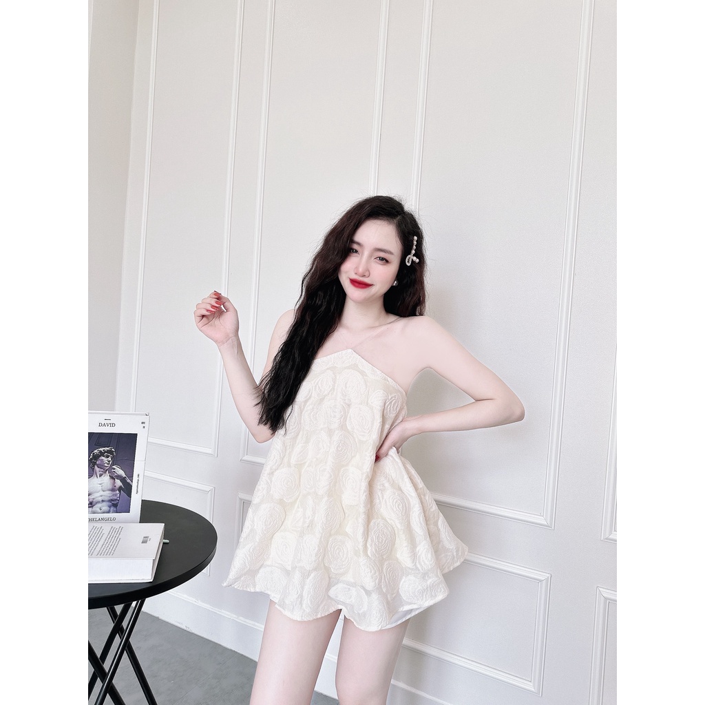 [4.4 Sale Freeship] Set bộ đùi gấm tiểu thư 2 dây, set áo babydoll gấm hoa nổi cổ áo yếm xòe bồng quyến rũ mtb