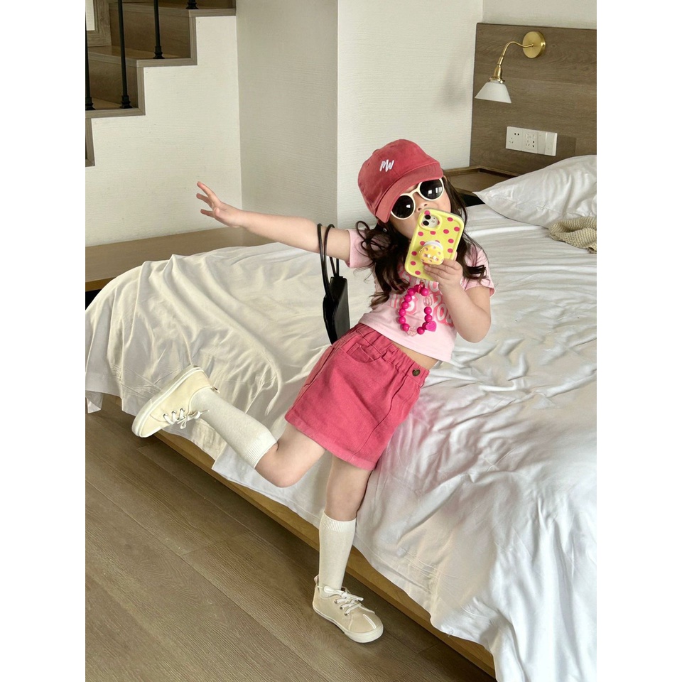 Sét chân váy hồng mix cùng áo phông thời trang cho bé gái từ 8-29kg