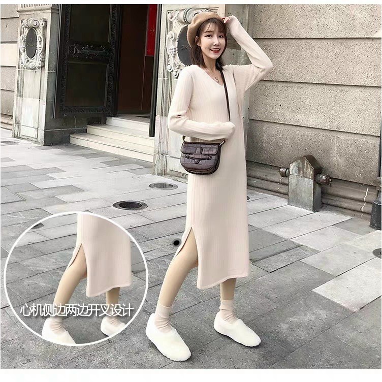 váy suông dài tay cổ tim xẻ tà 2 màu chất len gân kiểu hàn