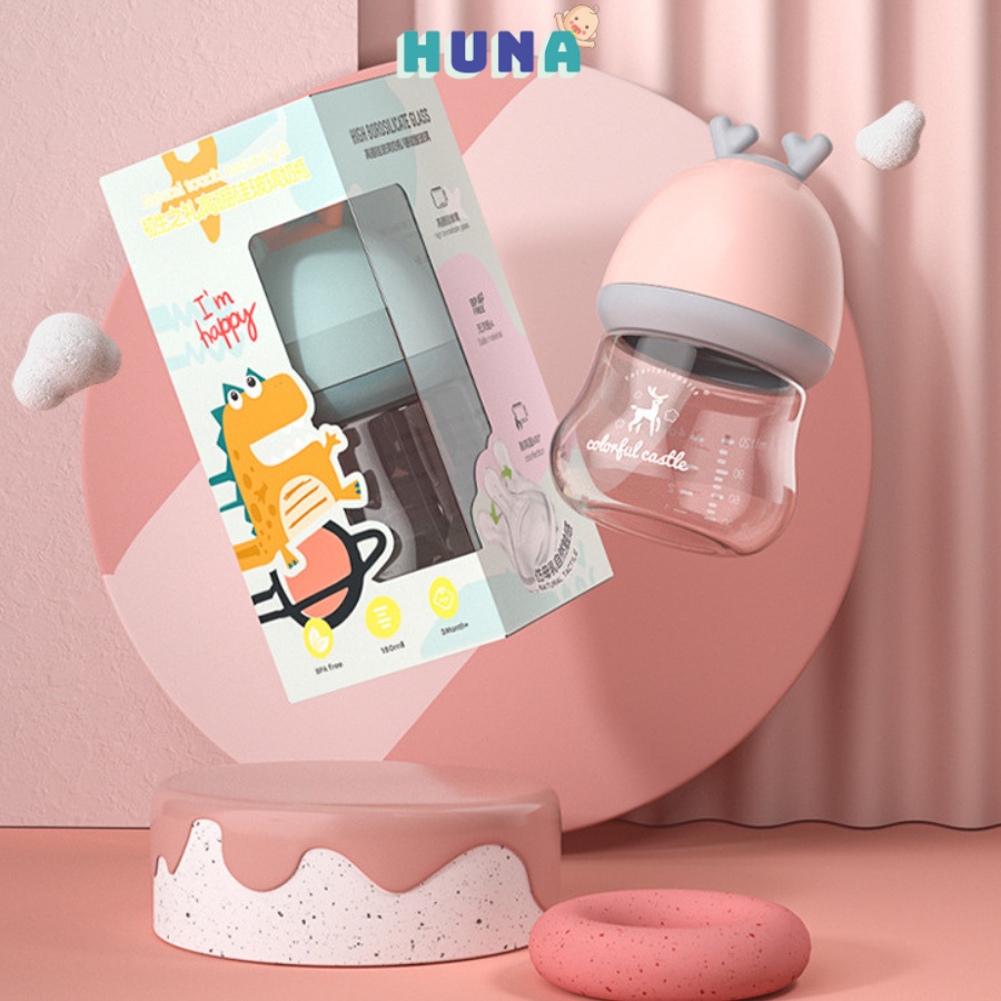 Bình sữa Hanu Mini ( TẶNG KÈM THÌA XÚC) dung tích 120ml, chất liệu thủy tinh cao cấp,hình hươu đáng yêu
