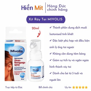Nội địa Đức - Dung dịch xịt vệ sinh ráy tai Mivolis Ohren Reinigungs Spray 20ml cho người lớn và trẻ em bé làm sạch tan