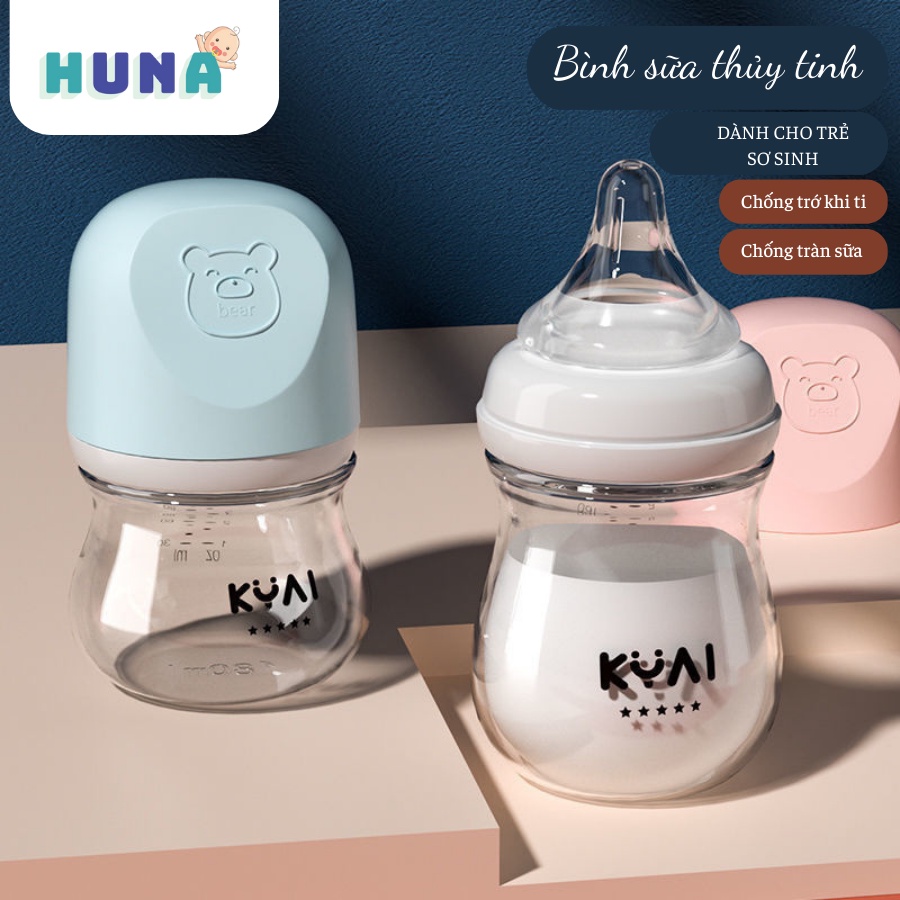 Bình sữa thủy tinh cổ rộng HANU cho bé sơ sinh chống đầy hơi