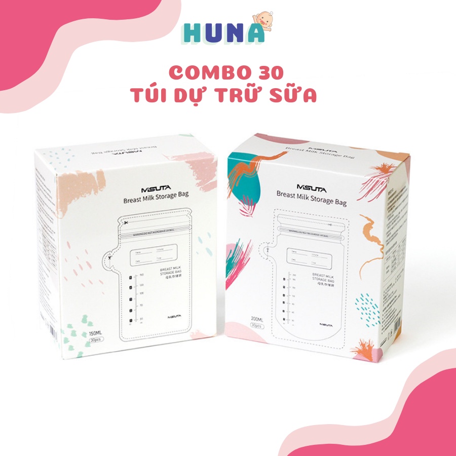 Túi dự trữ sữa Misuta Huna chống tràn , dày dặn , đủ size 150ml/200ml. Hộp 30 túi