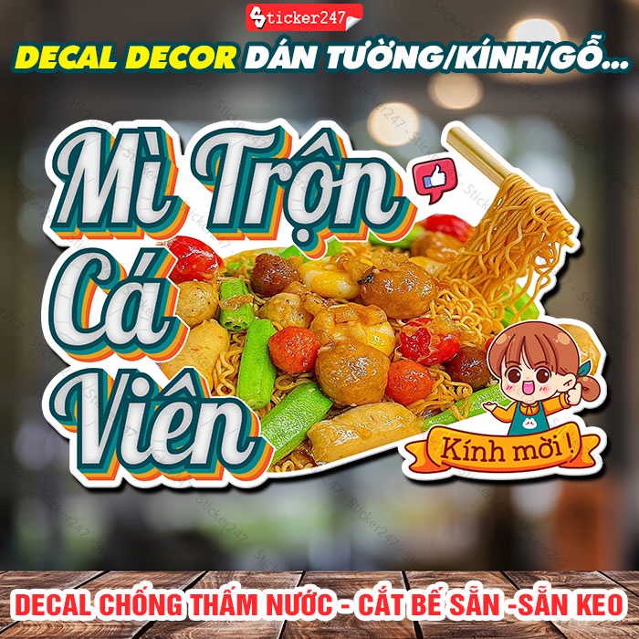 Decal Trang Trí Mì Trộn Cá Viên 🌈 Hình Dán Mì Trộn Dán Xe Cá Viên Chiên, Quán Trà Sữa - Decal Dán Tường Chống Nước