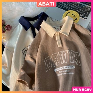 Áo đôi polo oversize nam nữ tình yêu bạn thân đẹp form rộng tay lỡ ABATI áo phông có cổ thêu DRWIH chất tổ ong AT015