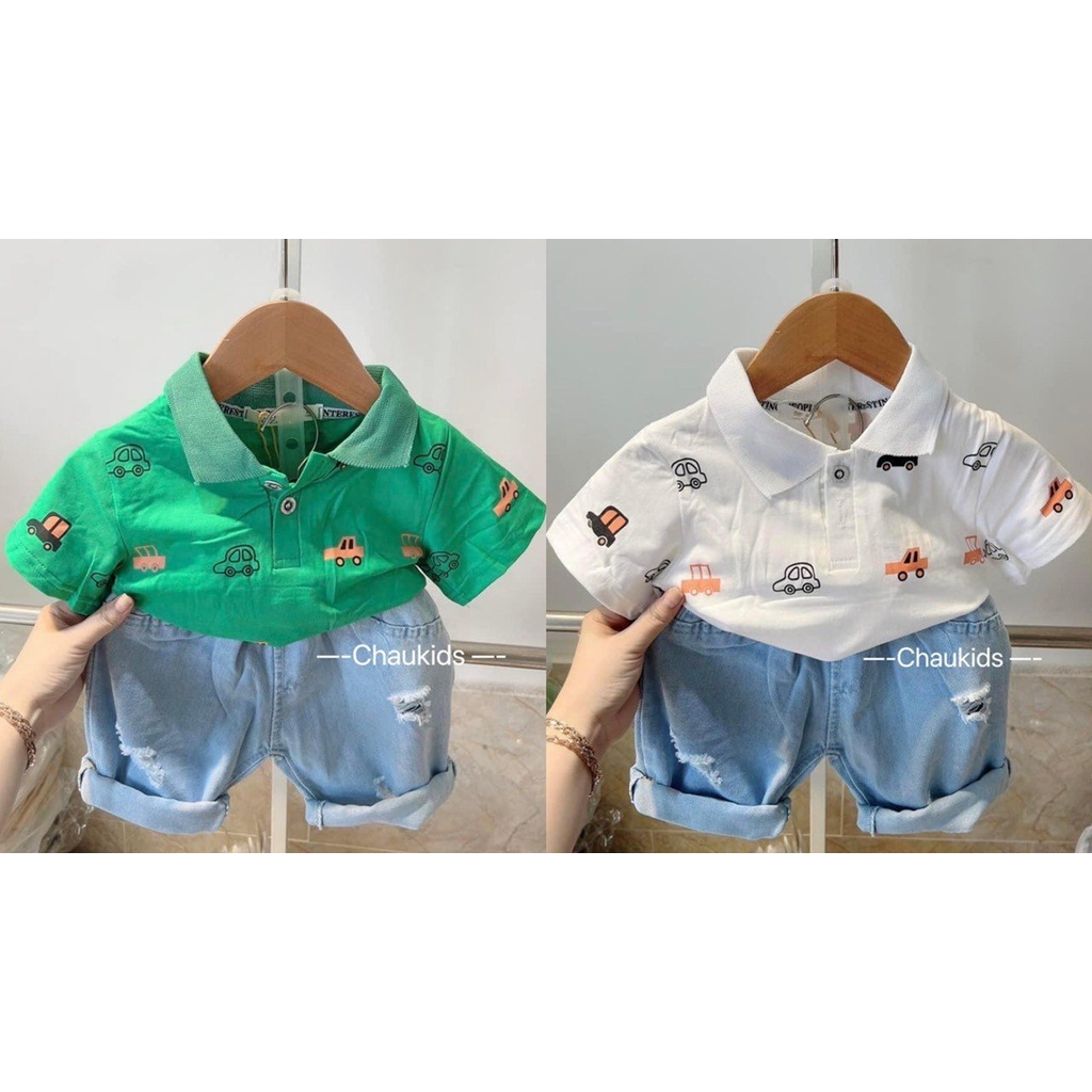 Set bộ đồ áo họa tiết xe hơi cổ trụ quần jean cho bé trai