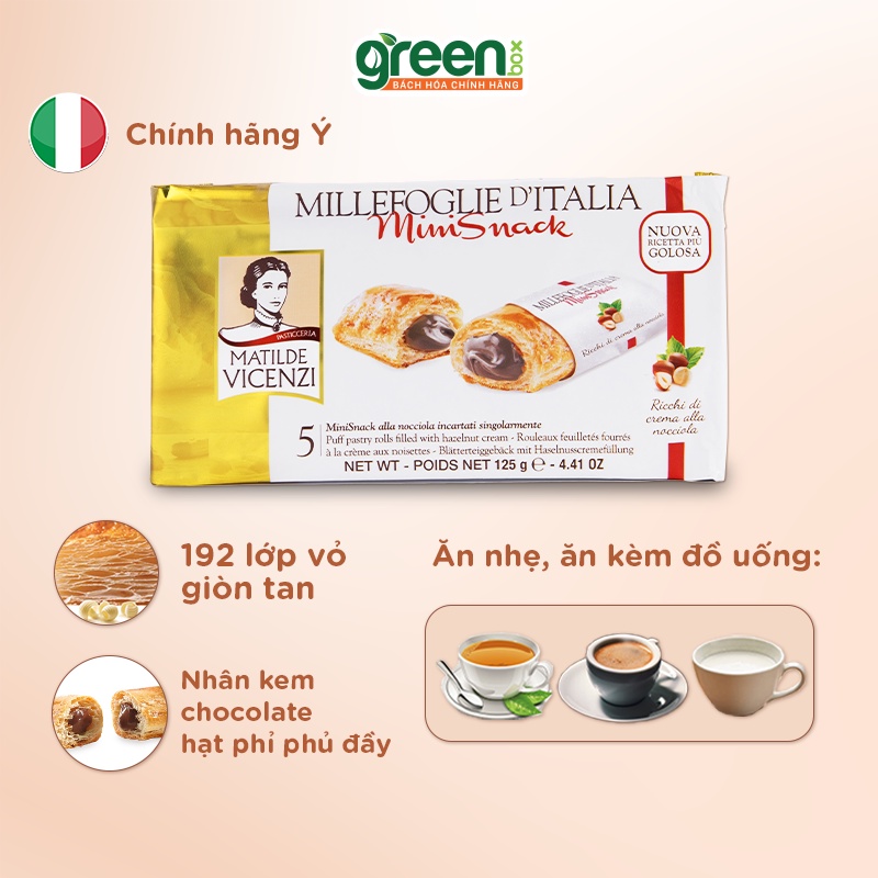 Bánh ngàn lớp nhân kem hạt phỉ Minisnack Matilde Vicenzi 125g, bánh nhập khẩu Ý