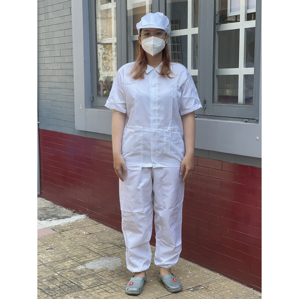 Quần áo phòng sạch màu trắng ngắn tay chống tĩnh điện - giặt sử dụng nhiều lần