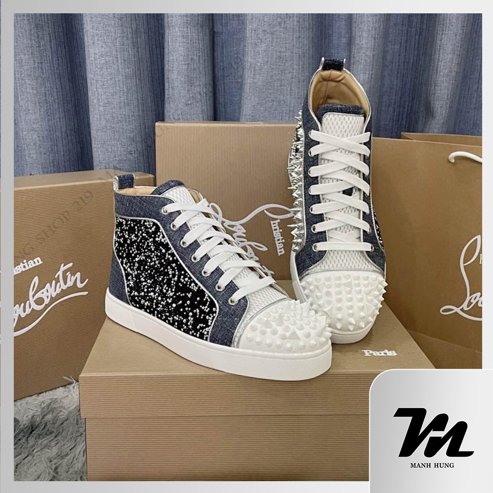 - Sneaker Louboutin Xanh Trắng Cao Cổ - Đính Hạt Cườm Gót Đỏ Full Box Hàng Loại 1 Qc Mạnh Hùng Shop 219