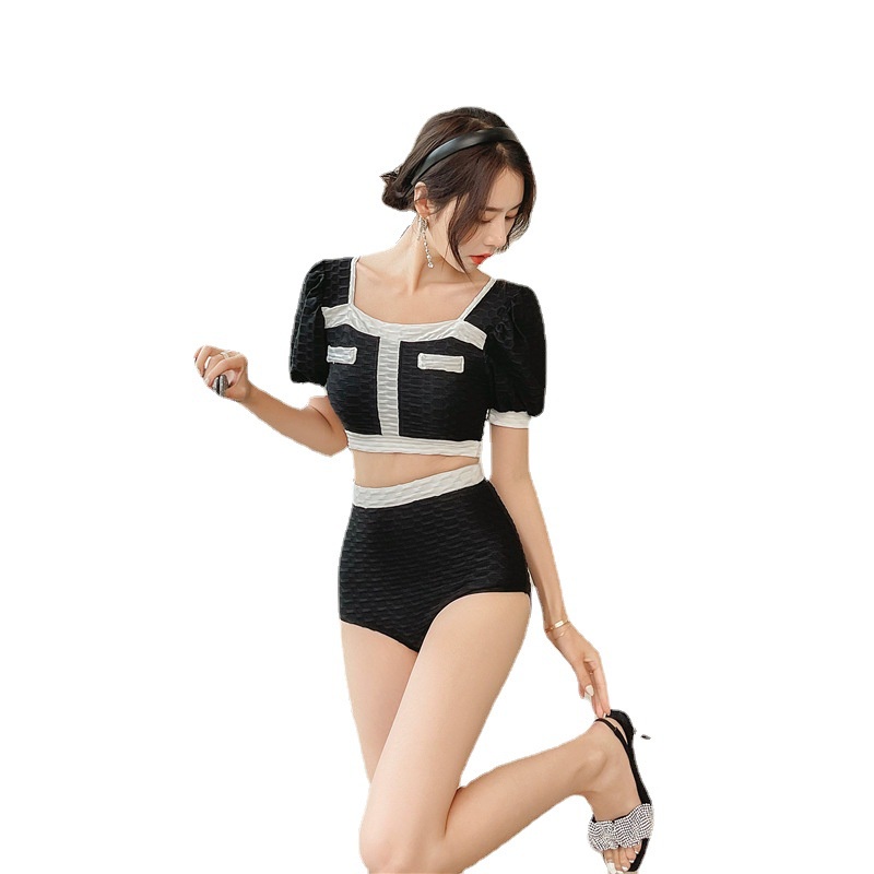 Bikini kín đáo đi biển 2 mảnh LUHAZO quần cạp cao che bụng áo có mút nâng ngực tốt cổ vuông phối viền nổi bật 2665 D-7.1