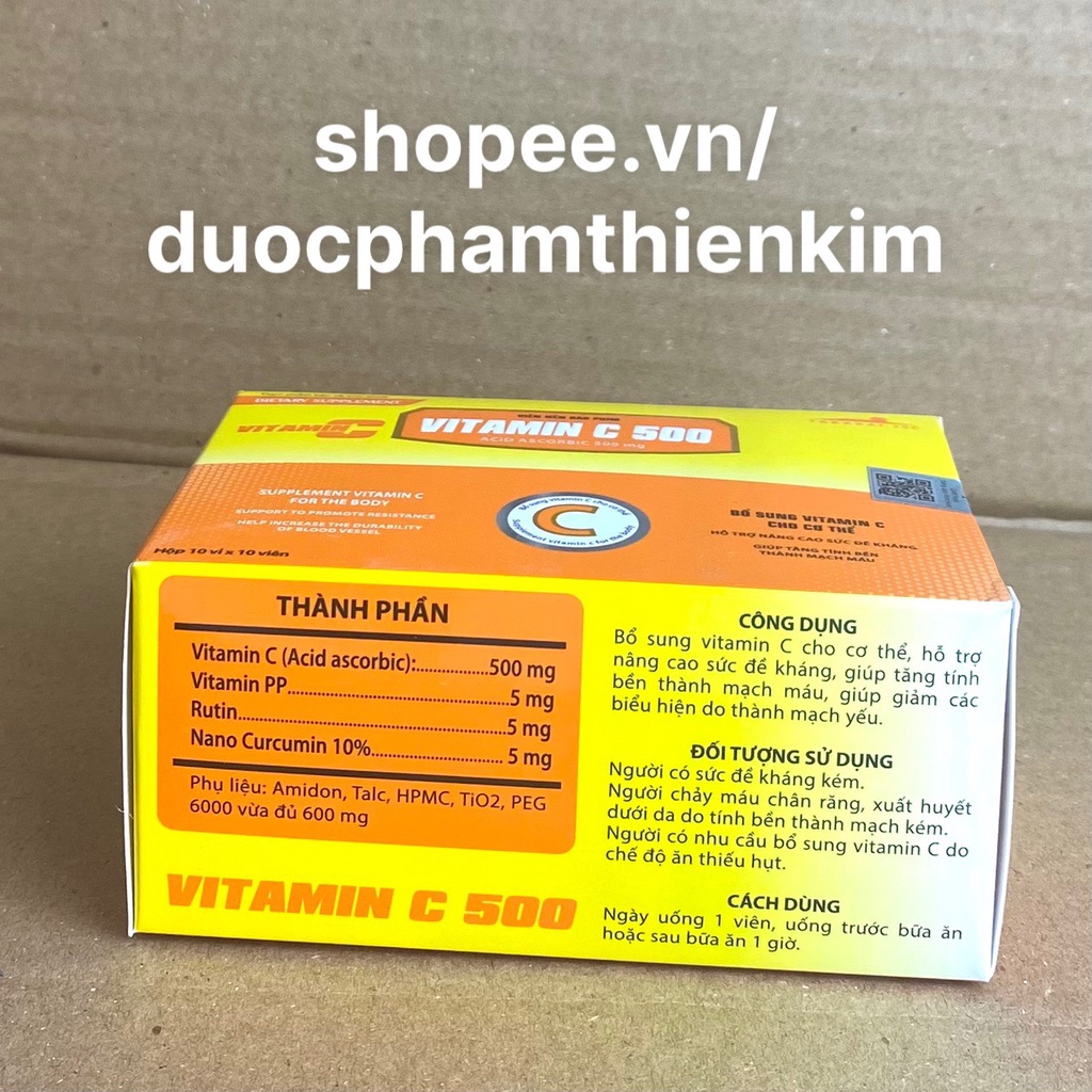 Viên uống VITAMIN C 500 mg tăng cường sức đề kháng, bổ sung vitamin C cho cơ thể - 100 viên