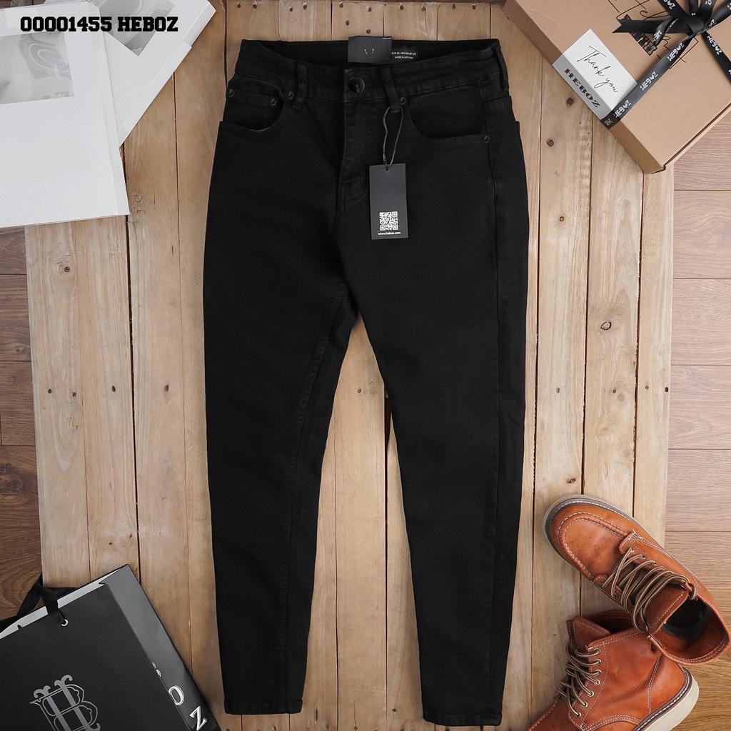 Quần jean đen rách gối slim 09 Heboz, chất denim mềm co giãn tốt form slimfit - 00001456