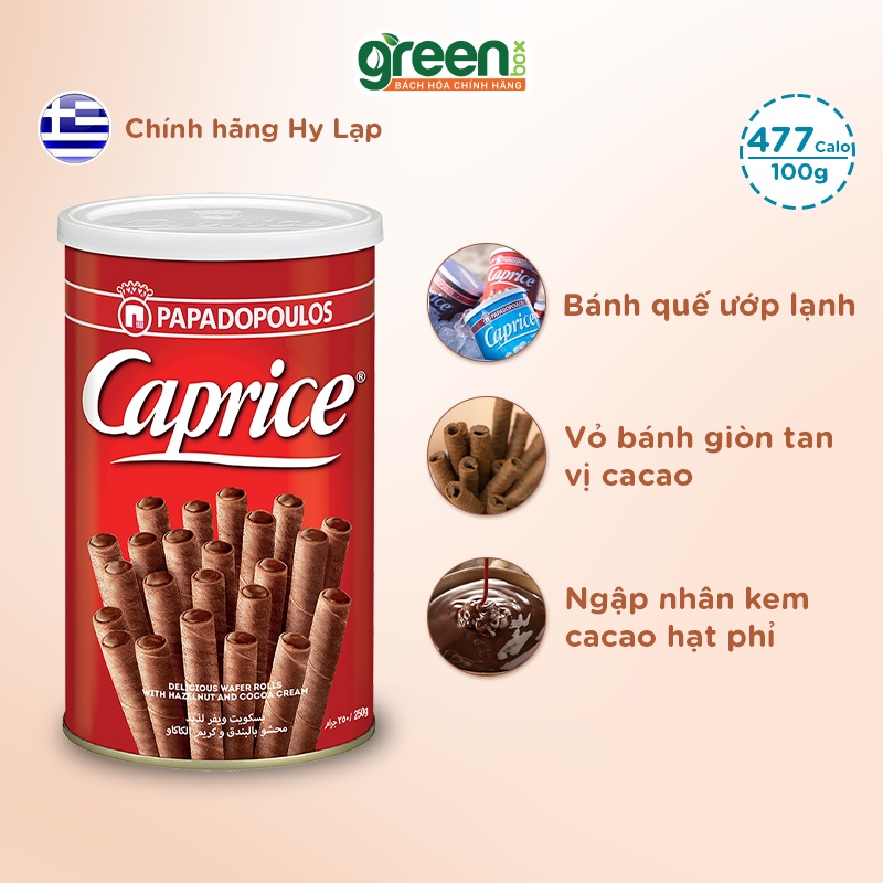 Bánh quế nhân kem ca cao và hạt phỉ Caprice Papadopoulos 115g nhập khẩu Châu Âu