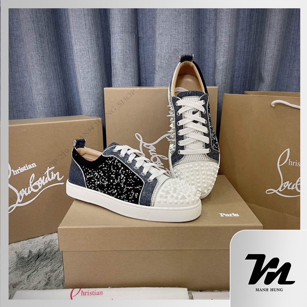 - Sneaker Louboutin Xanh Trắng - Giày Lbt Đính Hạt Cườm Gót Đỏ Full Box Hàng Loại 1 Qc Mạnh Hùng Shop 219