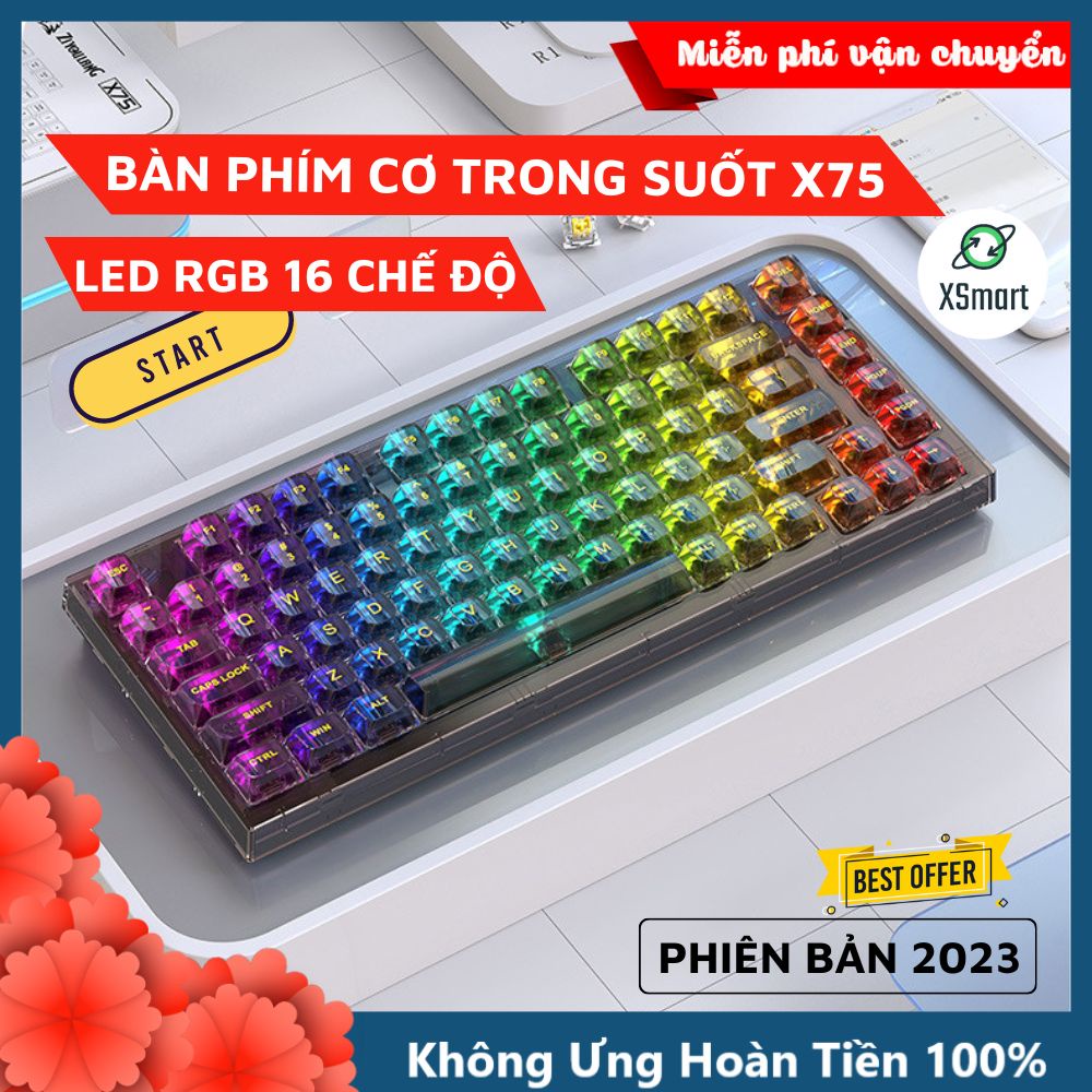 Bàn Phím Cơ Trong Suốt X75 Esport Cao Cấp LED RGB Trục Cơ White Switch Có HOTSWAP Cho Máy Tính, Laptop, PC