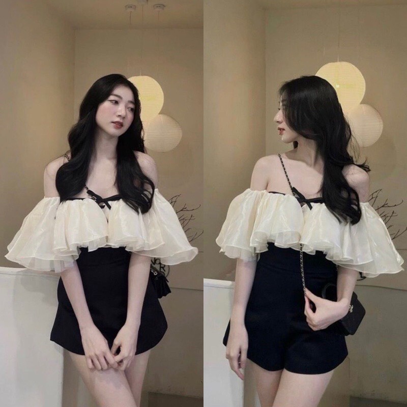 Set Jum Áo Trễ Vai Phối Voan Cổ Yếm có Dây Thắt Nơ Lưng Thun - Áo Trễ Vai Tầng Xòe Bồng Jumpsuit Nữ