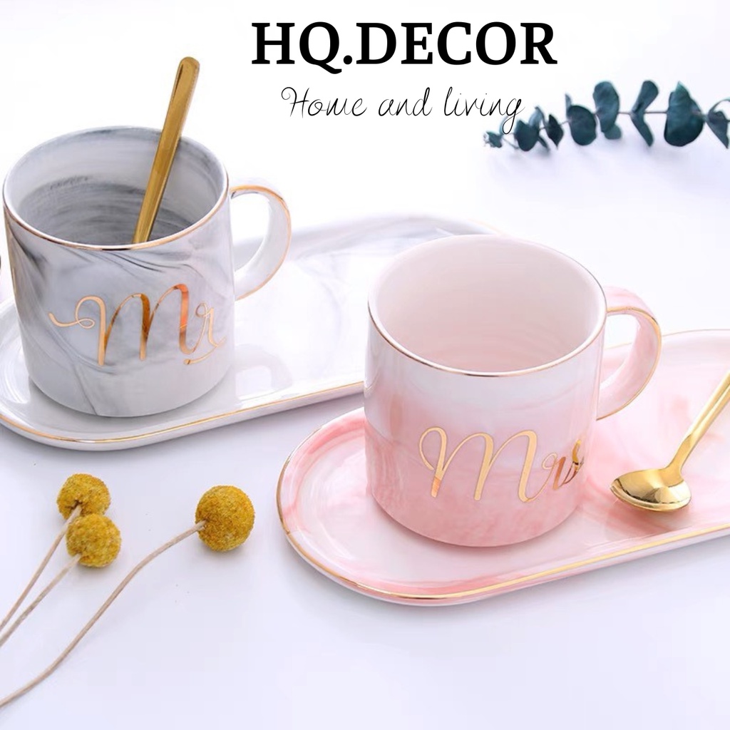 Cốc sứ uống nước cặp đôi in logo Mr-Mrs cao cấp làm quà tặng ý nghĩa 2 size - HQ48