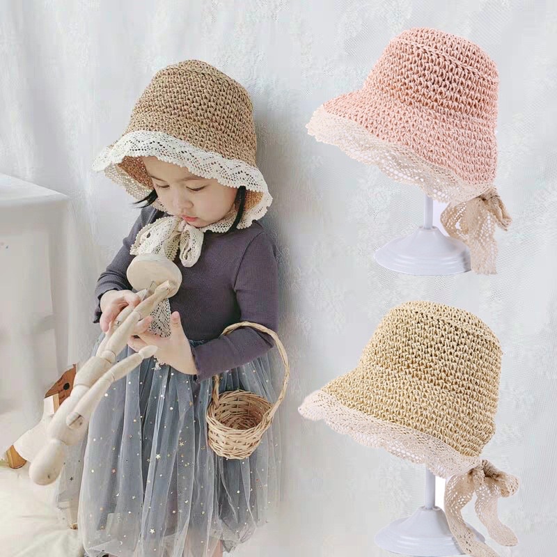 Mũ cói pha ren buộc dây cho bé!!!