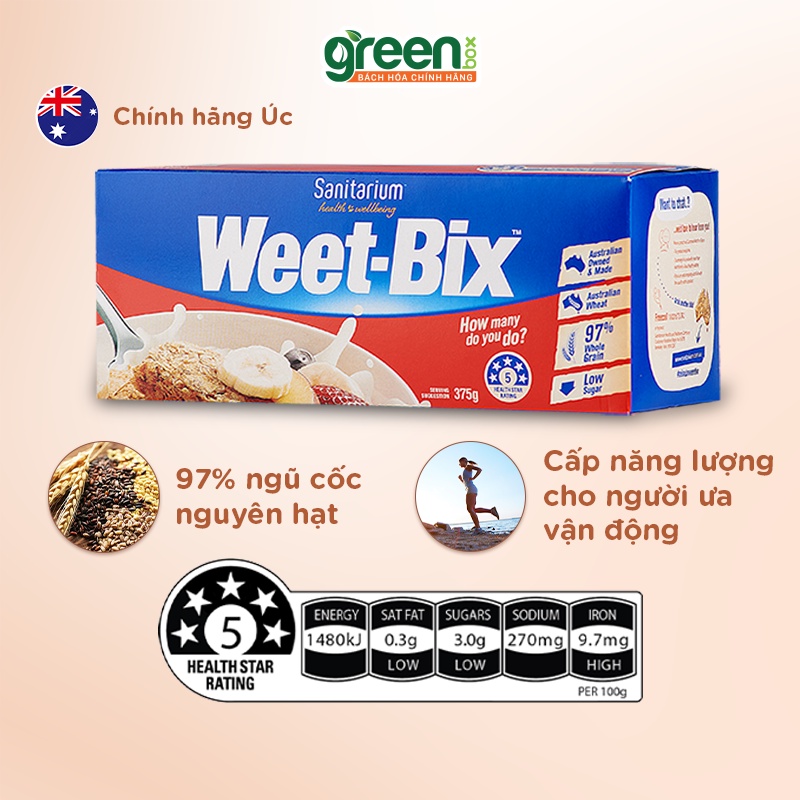 Hộp bánh ngũ cốc Weet-Bix Úc 375g, làm từ lúa mì nguyên chất Úc, giàu vitamin chất xơ