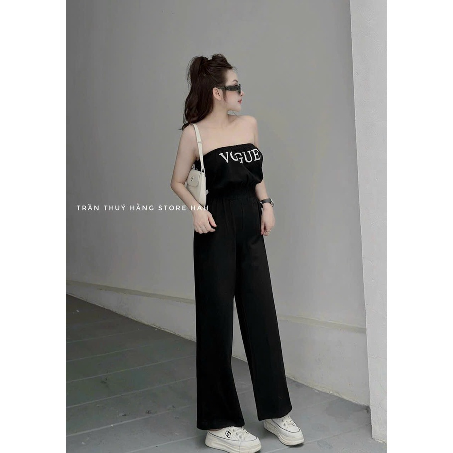 Jumpsuit nữ quần dài 2 màu đen xám, jum cúp ngực in chữ chất thun dẻo quần ống rộng cá tính mtb