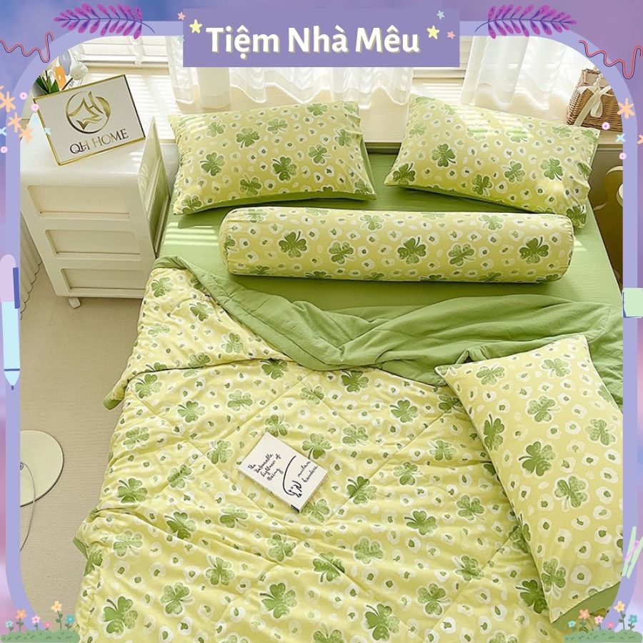 Bộ Chăn Chần Ga Giường Vỏ Gối 4 Món Cotton Đũi Cao Cấp Hoạ Tiết Hoa Lá Hiện Đại Đủ Size Tiệm Nhà Mêu