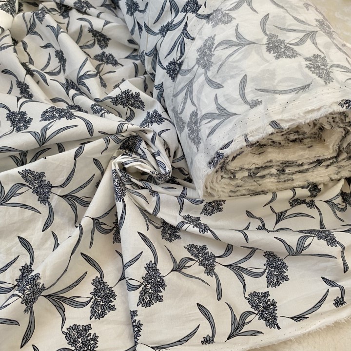 Vải Thô Cotton Hàn Trắng Hoa Xám Khổ 1m5 - Co Giãn Nhẹ, Mềm - May Áo Sơ Mi, Đầm, Váy, Đồ Trẻ Em