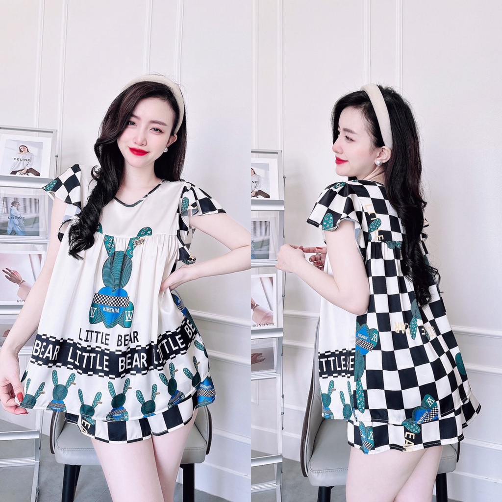 Đồ Bộ Mặc Nhà Nữ Quần Đùi + Áo Cánh Tiên Cổ Tròn Dáng Dài_Ngân Boutique Đồ Ngủ Pijama