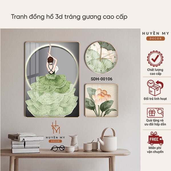 (25 mẫu) Set 3 tranh đồng hồ tráng gương cao cấp