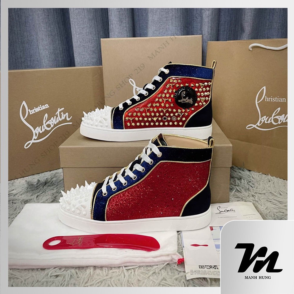 - Sneaker Louboutin Đỏ Xanh Cao Cổ Đính Hạt Cườm Đính Gai Gót Đỏ Full Box Hàng Loại 1 Qc Mạnh Hùng Shop 219