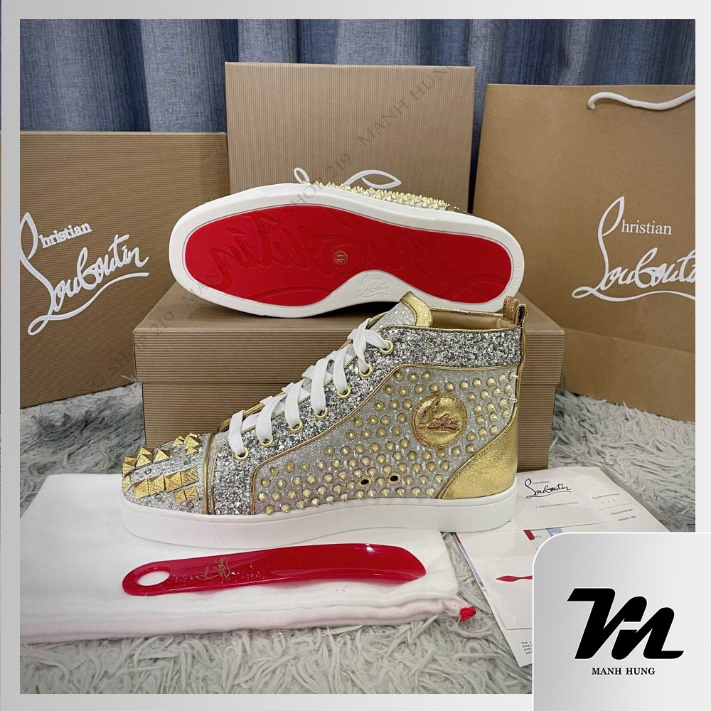 - Sneaker Louboutin Vàng - Cao Cổ Đính Hạt Cườm Đính Gai Gót Đỏ Full Box Hàng Loại 1 Qc Mạnh Hùng Shop 219