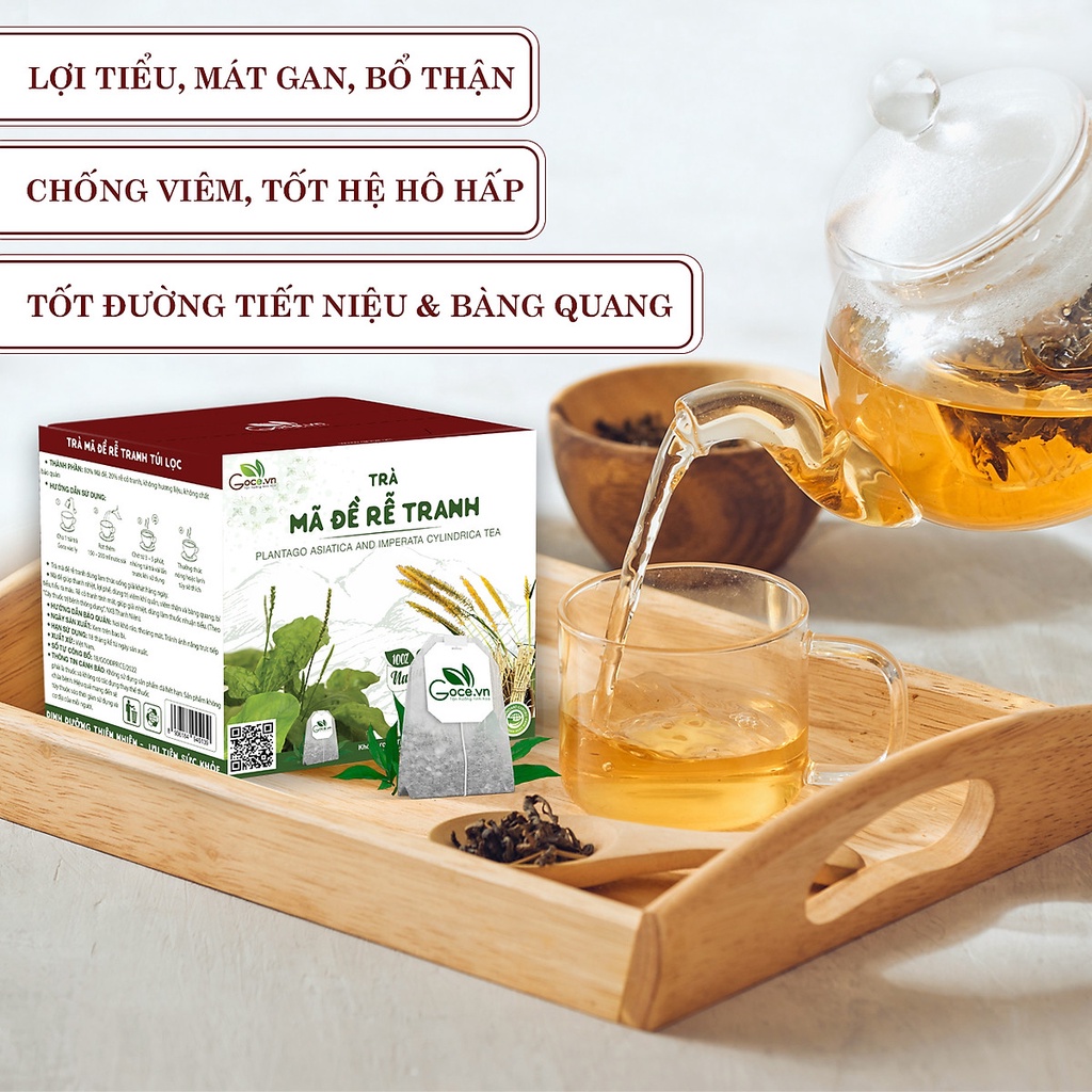 Trà mã đề rễ tranh, trà mã đề lợi tiểu  túi lọc Goce, Lợi tiểu, giảm viêm, hộp 20 gói