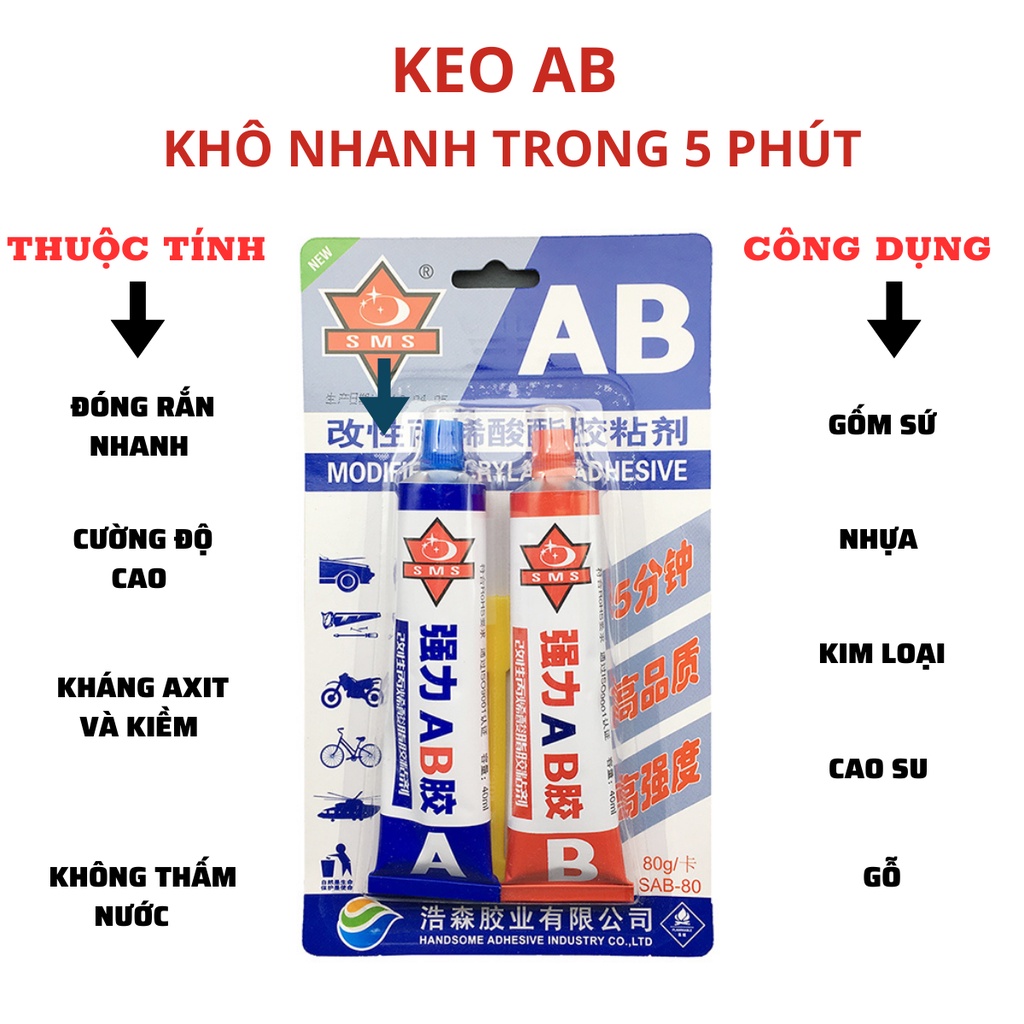 Keo dán AB 2 thành phần, keo dán kim loại nhựa gỗ khô nhanh, keo AB siêu kết dính 20g 80g
