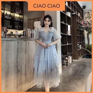 Đầm Nữ Đi Tiệc Tay Phồng Đính Hoa Vai Che Khuyết Điềm Có Bigsize Ciao Ciao VL010
