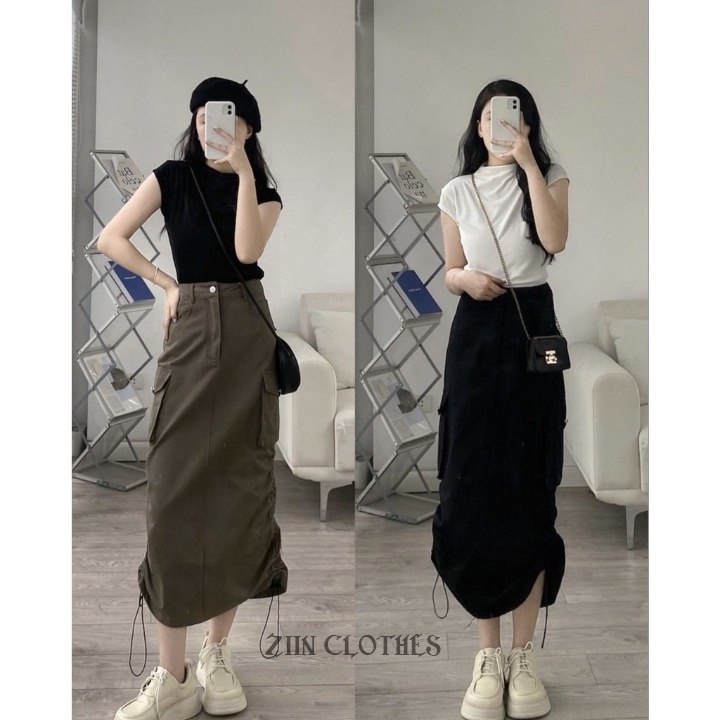 Chân Váy Dài KaKi Chữ A Lưng Cao Túi Hộp Dây Rút Phong Cách Hàn Quốc Vintage