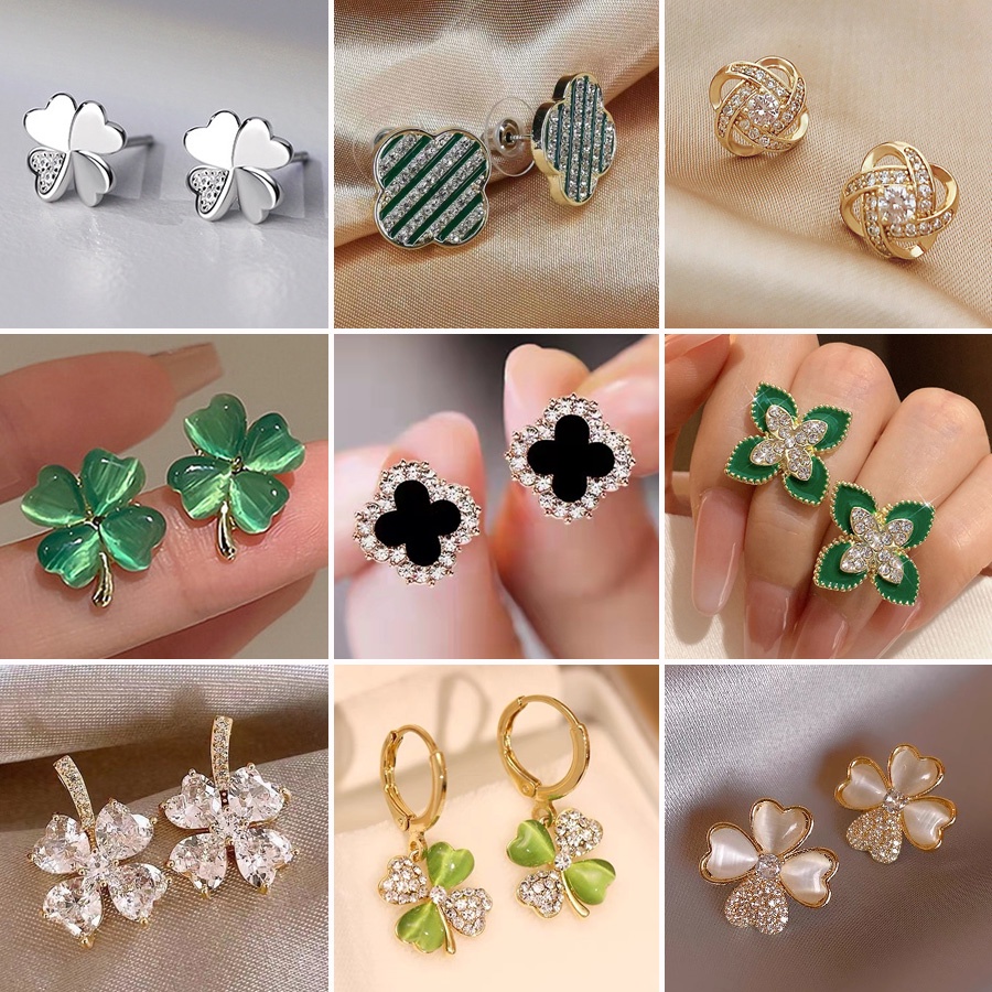 Bông Tai Bạc 925 Hình Cỏ Bốn Lá Đính Đá Zircon Thời Trang