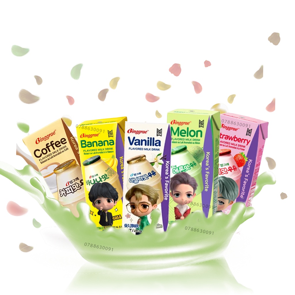 Sữa Binggrae Hàn Quốc hộp LẺ vị Vani - Dưa lưới - Chuối - Coffee - Dâu