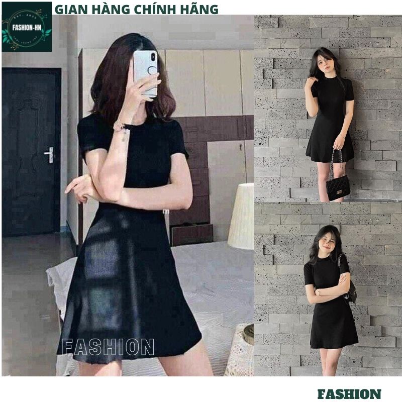 Váy thun nữ đen trơn dáng xòe nhẹ - Đầm ngắn cộc tay cổ tròn đơn giản basic trẻ trung năng động - FASHION V97