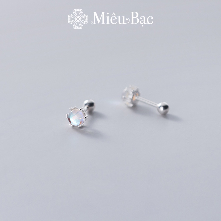 Bông tai bạc nữ Miêu Bạc khuyên tai đính đá mặt trăng 1 chiếc moonstone chốt vặn chất liệu bạc S925 MB37