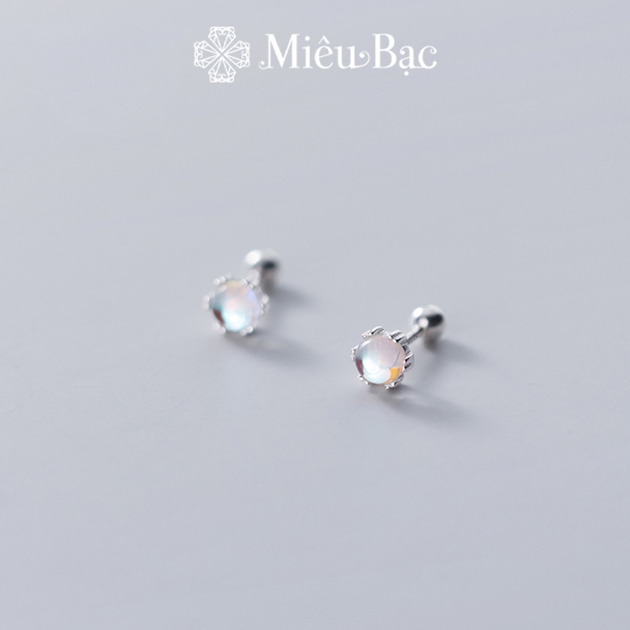 Bông tai bạc nữ Miêu Bạc khuyên tai đính đá mặt trăng 1 chiếc moonstone chốt vặn chất liệu bạc S925 MB37