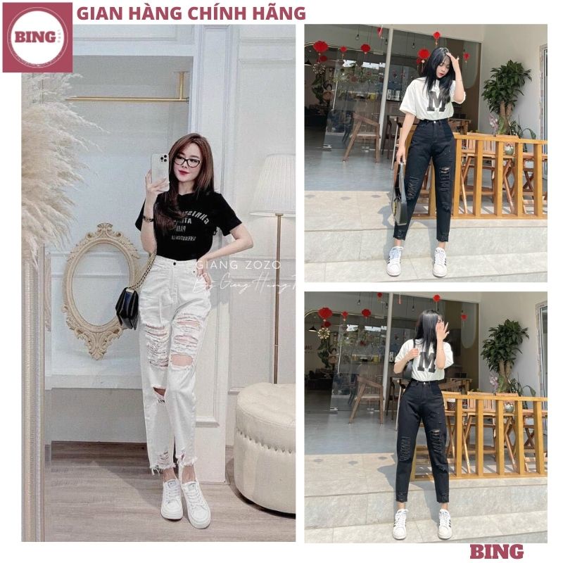 Quần jean rách te tua lưng cao thiết kế cá tính thời trang dành cho nữ, Quần bò rách dày dặn trẻ trung năng động - BING