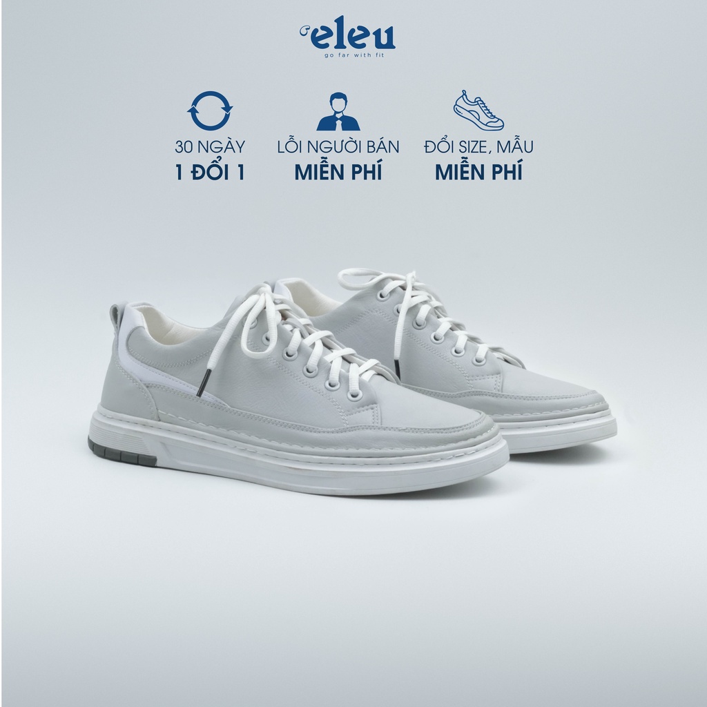 Giày Thể Thao Nam, Giày Sneaker ELEU Da Bò Nappa Màu Xám Đế Cao Su Kiểu Dáng Trơn Dây Buộc