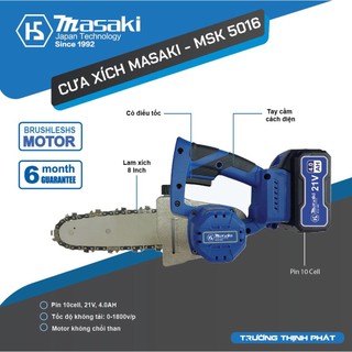 Máy cưa xích chạy pin masaki - 5016, lõi đồng, công suất mạnh, xích 8 inch, pin 10 cell