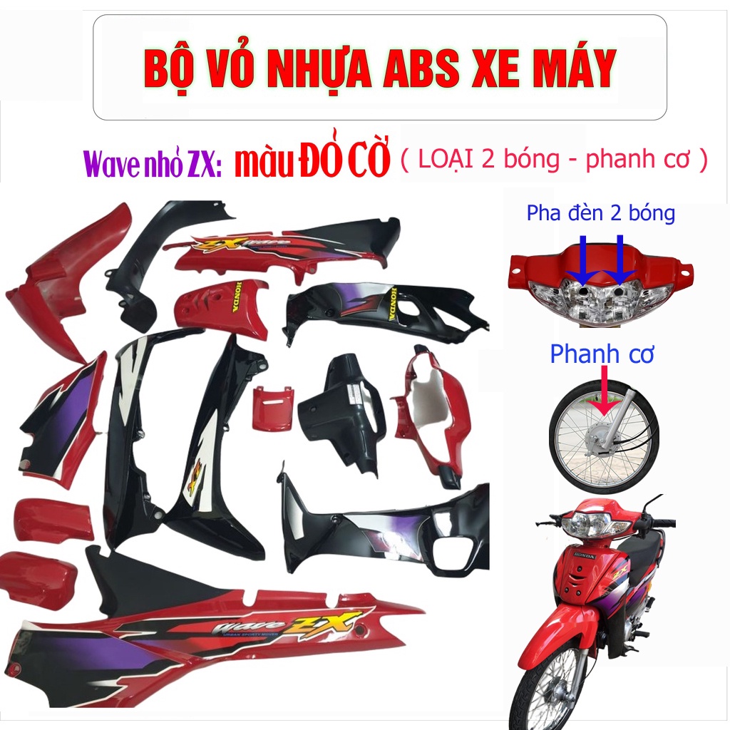 Bộ dàn áo nhựa Nguyên sinh ABS xe WAVE ZX màu ĐỎ, 2 Bóng - Phanh Cơ đời xe 2002-2006, tặng kèm theo tem xe A542