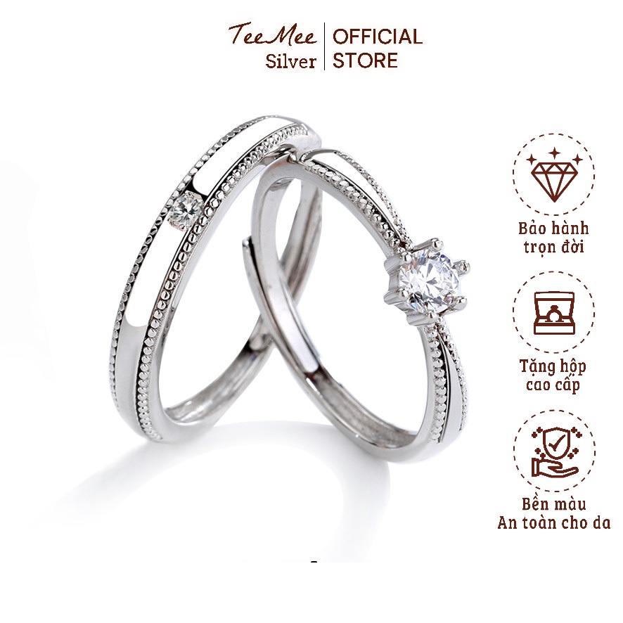 Nhẫn đôi bạc nam nữ TeeMee, nhẫn cặp bạc 925 Sweet Heart đính đá khắc tên chữ theo yêu cầu - T128