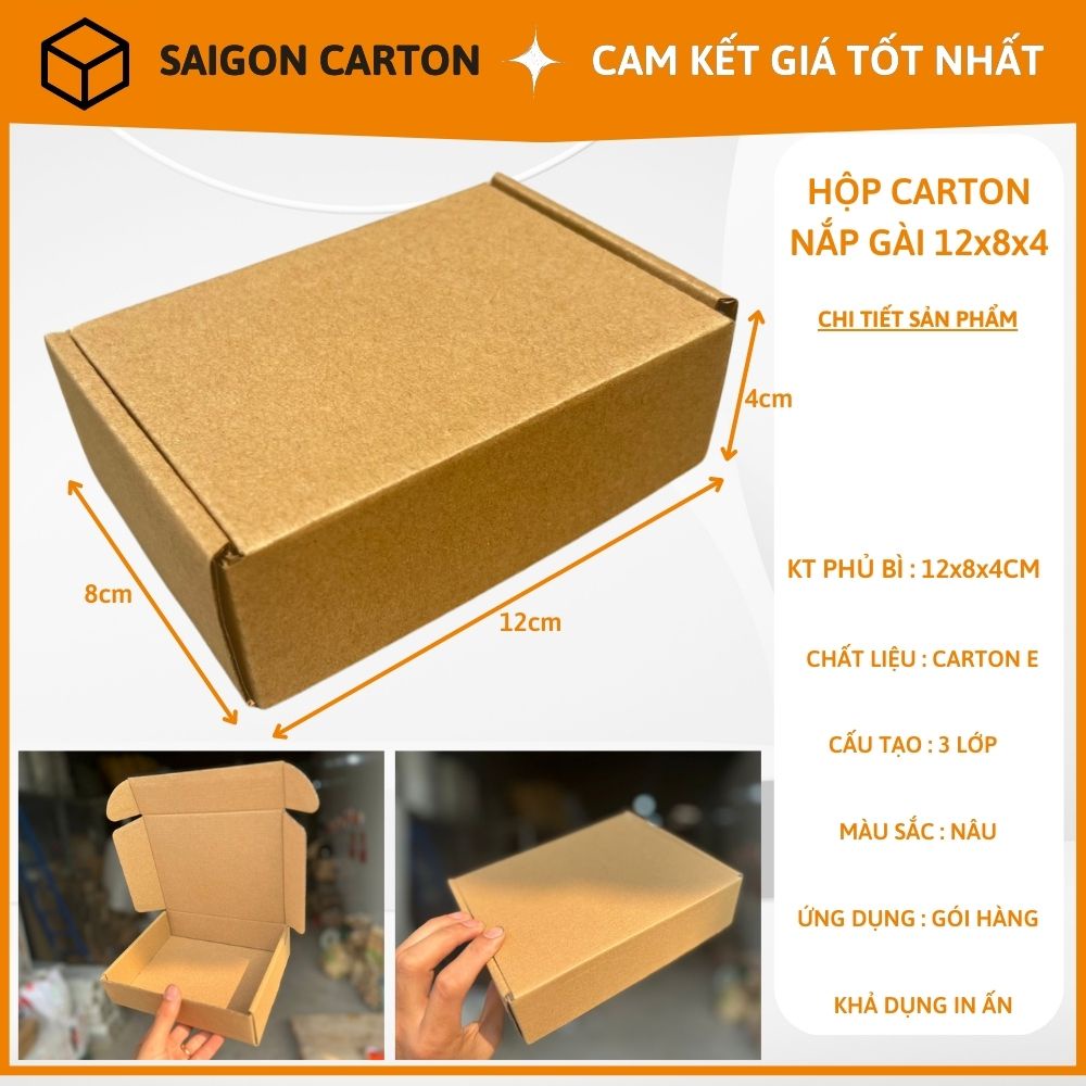 50 Hộp carton COD 12x8x4 nắp gài, nắp cài được sản xuất bởi SÀI GÒN CARTON