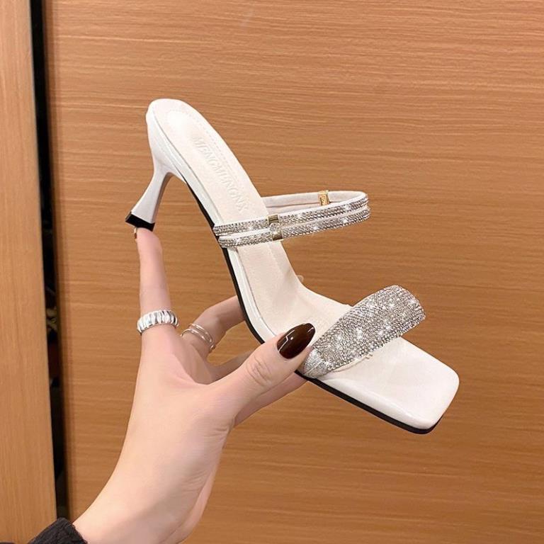Giày sandal nữ cao gót nhọn 7p quai ngang full đá 2 kiểu mang dây xoàn SD60 -RS