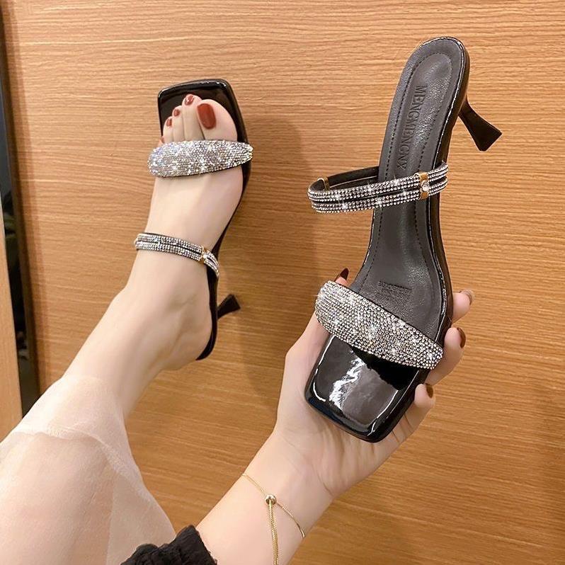 Giày sandal nữ cao gót nhọn 7p quai ngang full đá 2 kiểu mang dây xoàn SD60 -RS